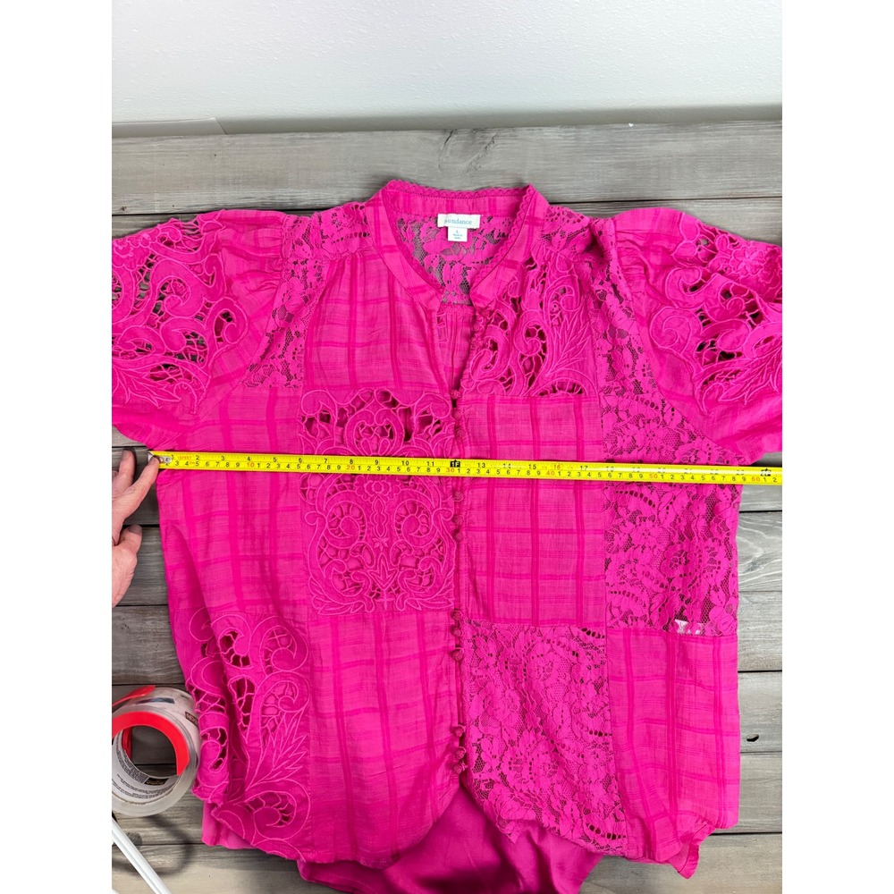 Sundance Garbo Pink Lace Patchwork Blouse Fuchsia Eyelet Button Front Top Large - Picture 7 of 8